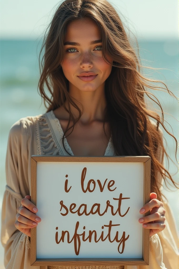 Beautiful girl with wavy long hair, bohemian dress, holding a white board with text "I Love Seaart Infinity" and showing it to the viewer