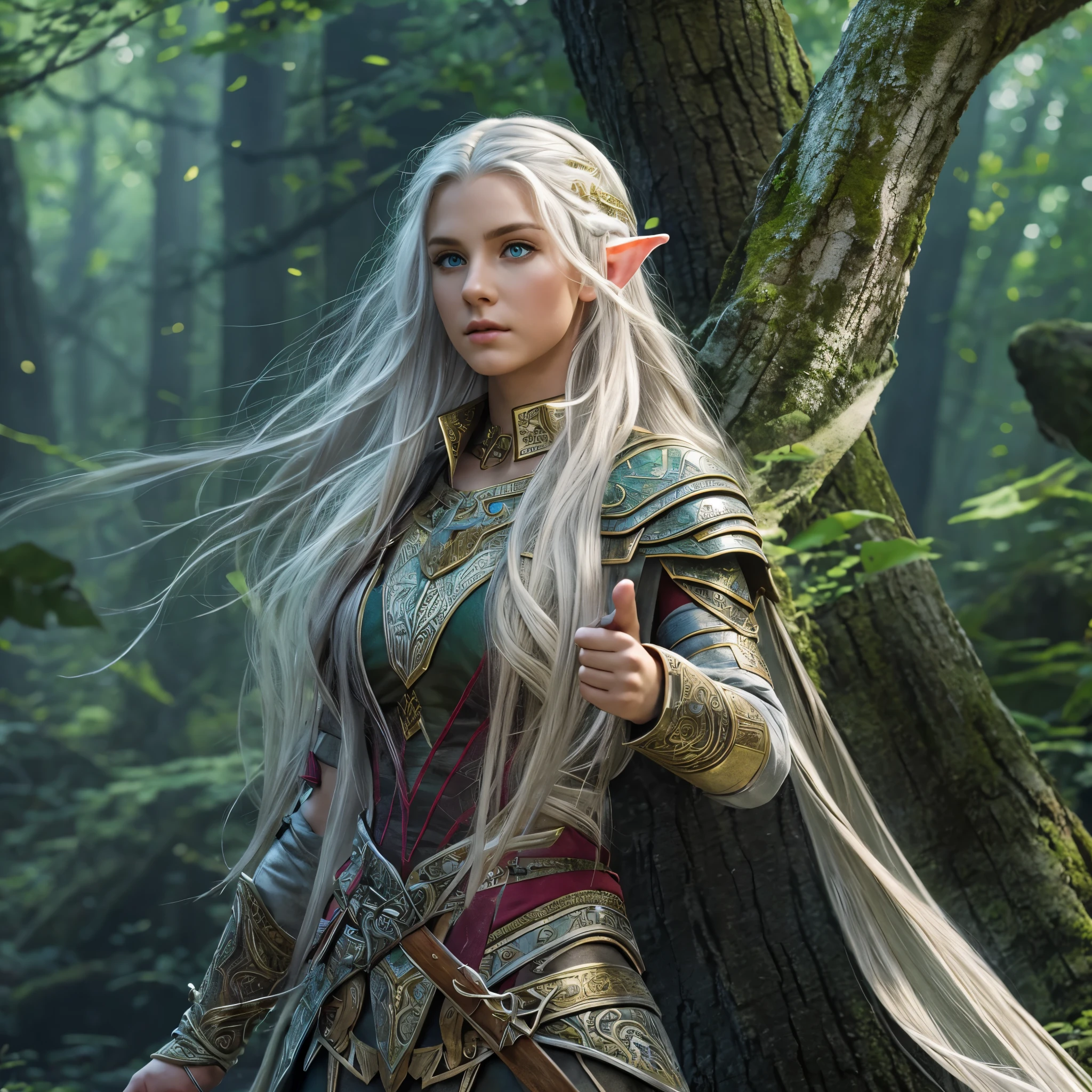 (master piece), 8k, best quality, full body panoramic view, Elf, young,  With slightly flushed white skin, her long silver hair, green eyes, slim and athletic body, a height of 1.68 meters, which gave her a natural elegance, Detailed warrior outfit, walking in the enchanted forest, holding a sword with rune writing, happy, walking,