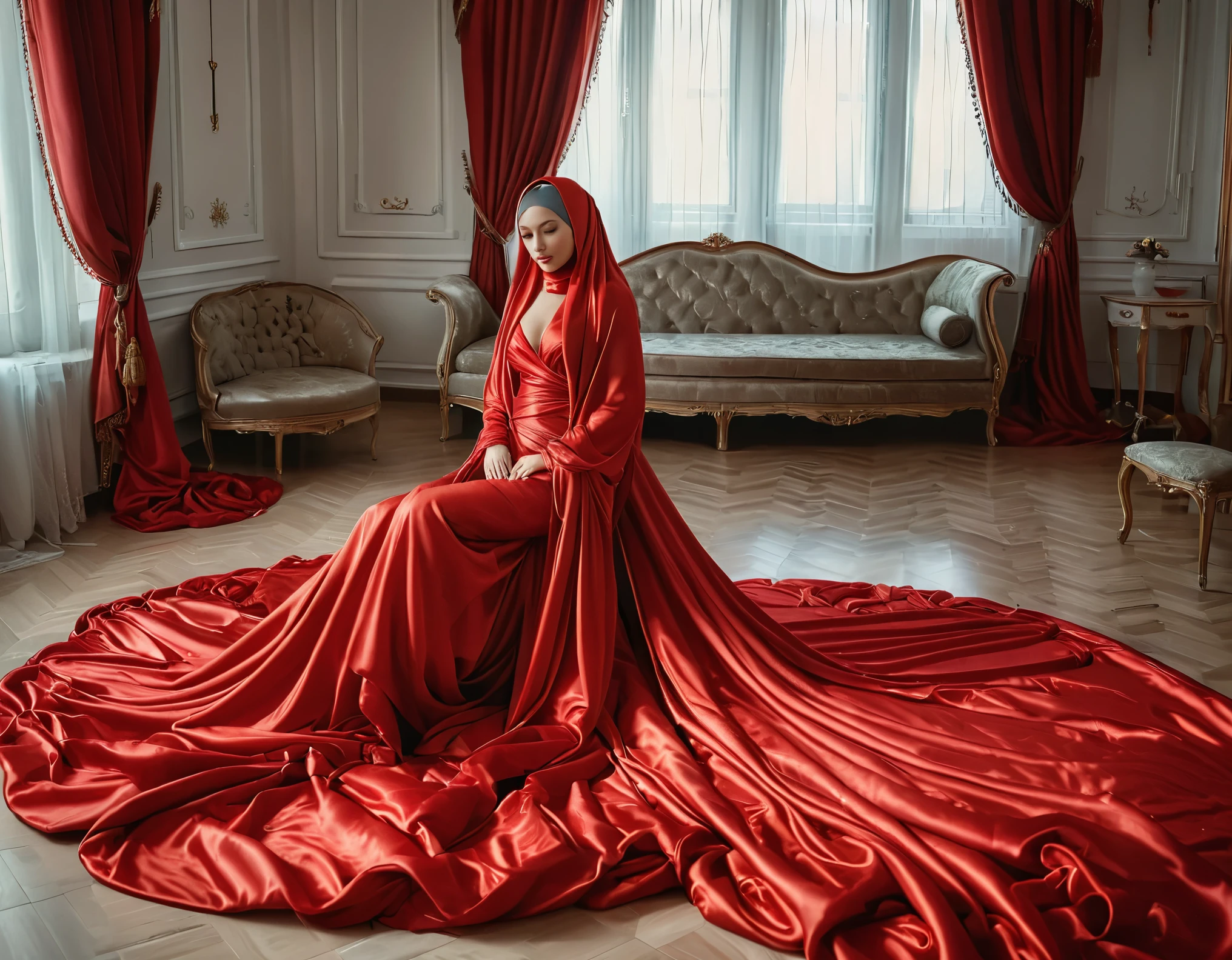 A rusian woman shrouded in a 7-meter-long, plush red satin cloth, tightly bound and grandly draping along the form of her body, flowing off into a pooled floor-length train, styled in a mermaid-inspired outfit, her head modestly veiled in a satin hijab, tall woman, in luxury bed room,satin sheet, a full-body pose conveying a sense of mysterious elegance, captured in a 4k resolution, ultra-realistic