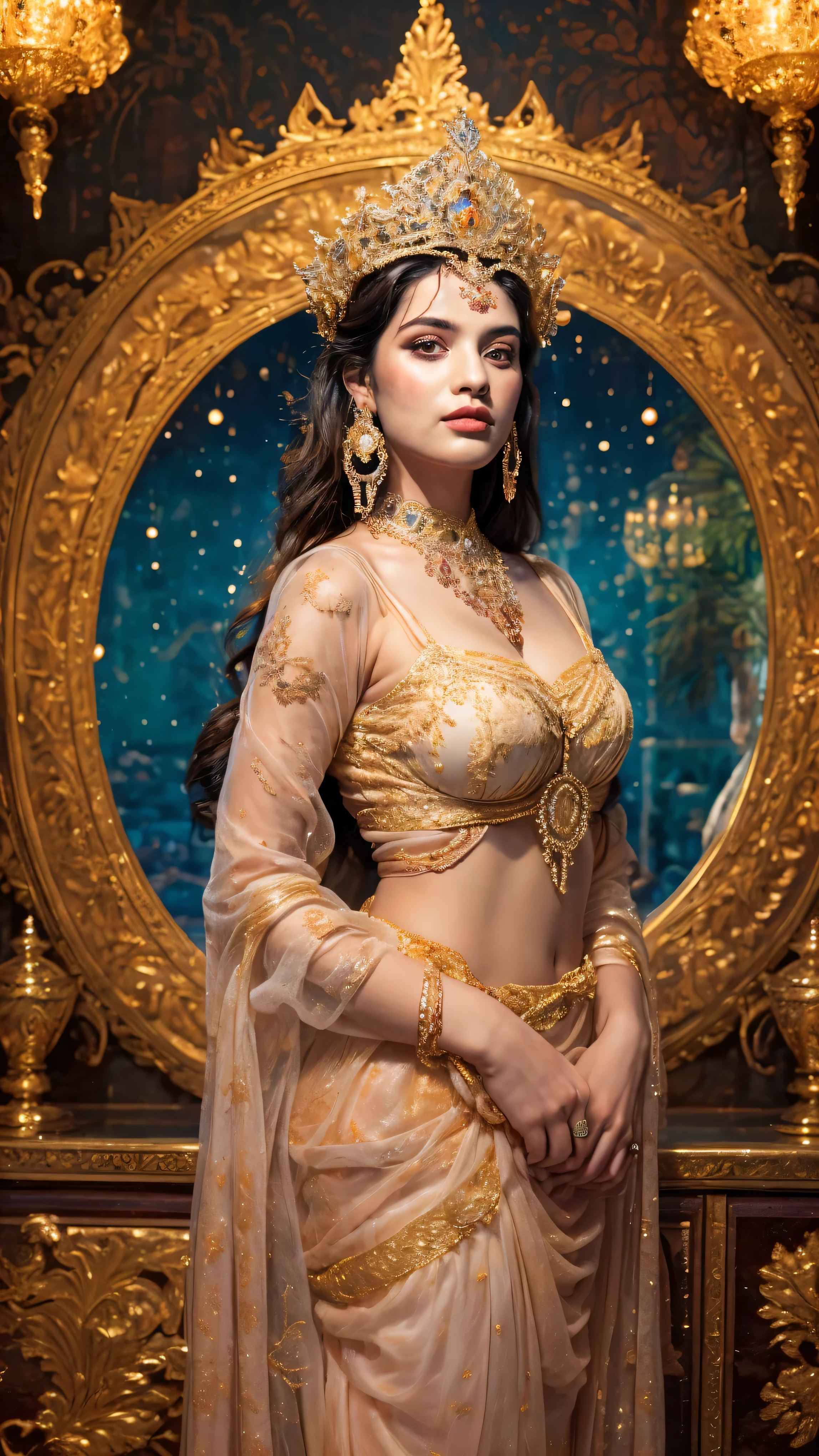 ((Best quality, 8k, Masterpiece :1.3)), Sharp focus :1.2, Generate a realistic image of a beautiful sexy Indian woman plus size body: 8.5 (masterpiece like a princess) (body like divine girl) dressed divine clothes white skirt and print bra, adorned with traditional ornaments, standing in a well-lit room with cinematic lighting. ((Front view, random elegant pose)), and there is a sense of grace and elegance in her posture. The background should complement the scene, enhancing the overall aesthetic appeal of the image. Photography by Brandon Woelfel, Full shot: Canon EF 16-35mm f/2.8L III USM lens on a Canon EOS 9D Mark IV 128bit camera, ultra realistic, 32k, HD