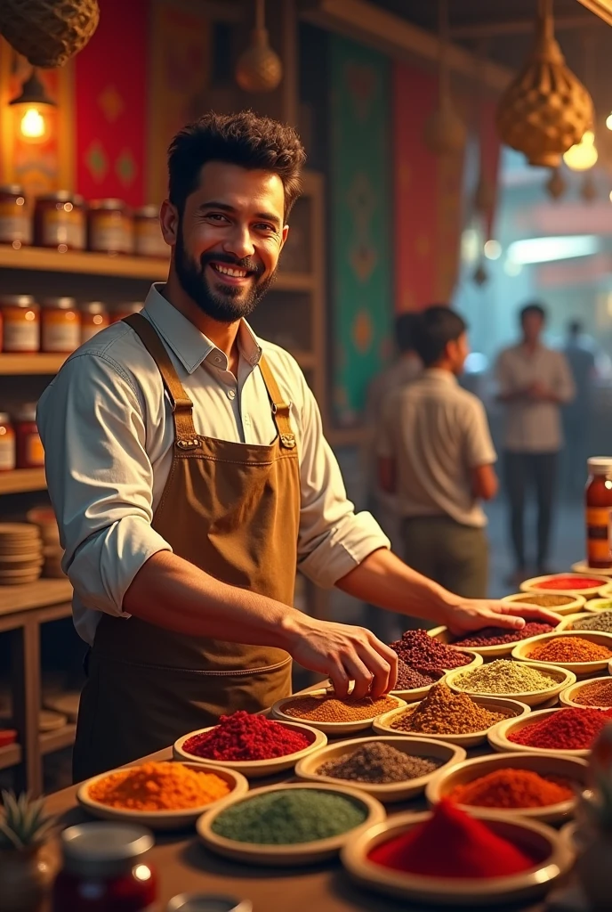 Create a shop and sales man selling spices packet to owner name affan spices New generation