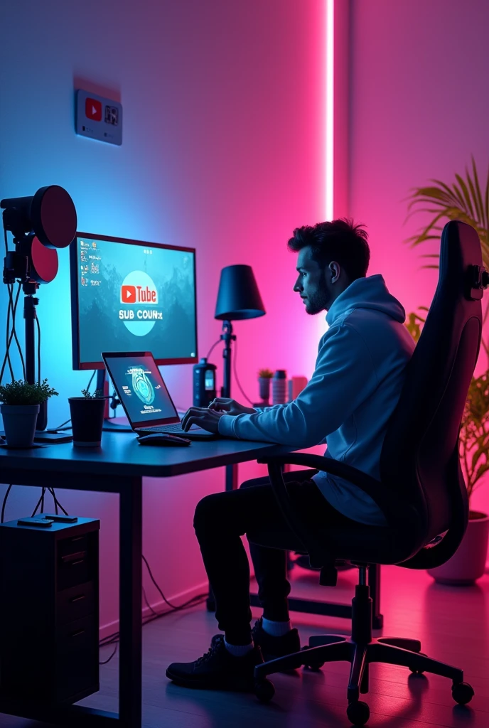 Human is work for leptop in work tabal and  beground ' SUB COUNT ' LOGO design and decorate RGB lights and background YouTube equipment gaming setup 4k image size 9:9