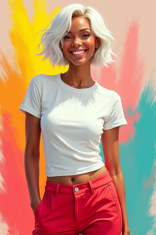 tanned-cute-woman, with-white-short-bob, with-white-t-shirt, with-red-slacks, colorful splash, backwards