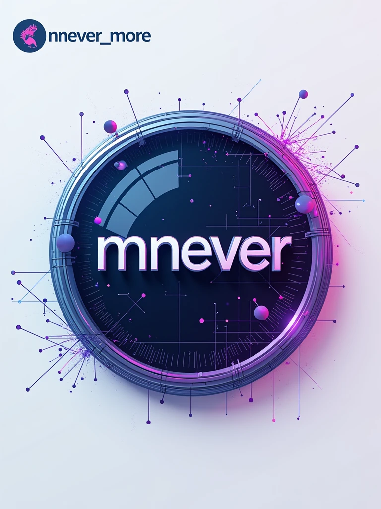 Create a sleek and modern logo for "Mnever_More," an Instagram page dedicated to AI-generated artwork. The design should blend elements of technology and art. Use a clean, futuristic font for the name "Mnever_More" and incorporate abstract, geometric shapes or neural network motifs to represent AI. The color palette should be vibrant and digital, with shades of blue, purple, and silver to evoke a sense of innovation and creativity. The overall look should be eye-catching, professional, and convey the cutting-edge nature of AI in art