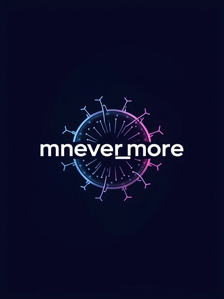 Create a sleek and modern logo for "Mnever_More," an Instagram page dedicated to AI-generated artwork. The design should blend elements of technology and art. Use a clean, futuristic font for the name "Mnever_More" and incorporate abstract, geometric shapes or neural network motifs to represent AI. The color palette should be vibrant and digital, with shades of blue, purple, and silver to evoke a sense of innovation and creativity. The overall look should be eye-catching, professional, and convey the cutting-edge nature of AI in art