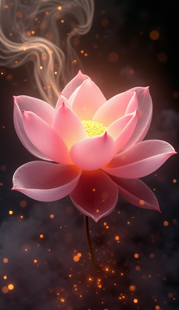a light pink abstract smoke lotus with lights, in the style of kinetic lines and curves, light black and yellow, schlieren photography, dotted, trompe-l'œil illusionistic detail, sparklecore, commercial imagery