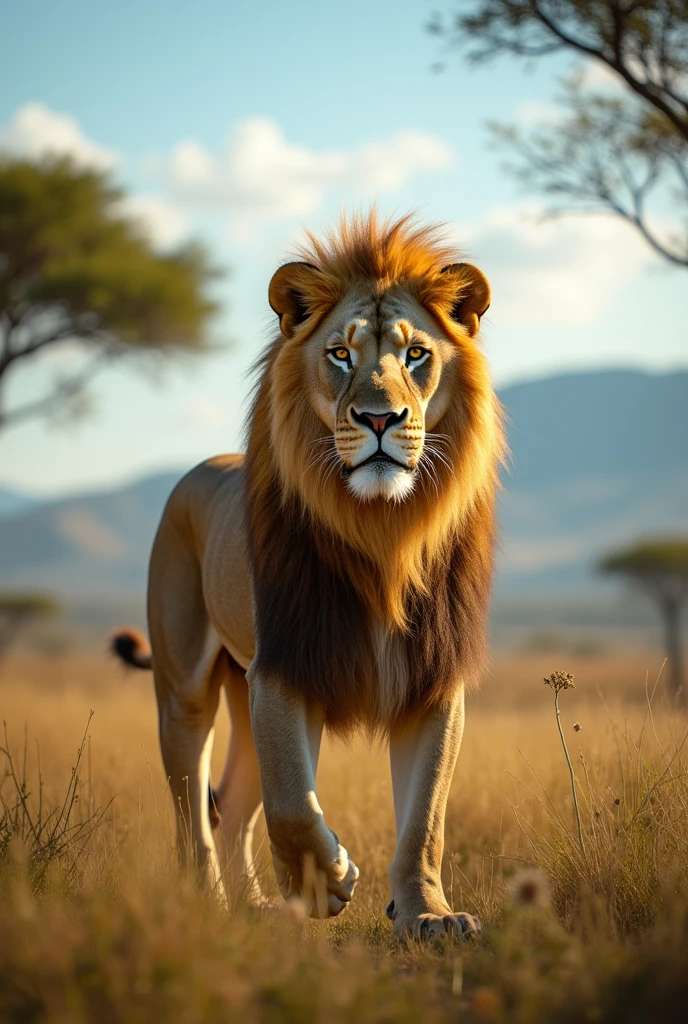 Realistic photo, 8k photo, cinematic, Wild lion, in africa wild savana scene, daylight scene, not aggressive, majestic, king of the animals