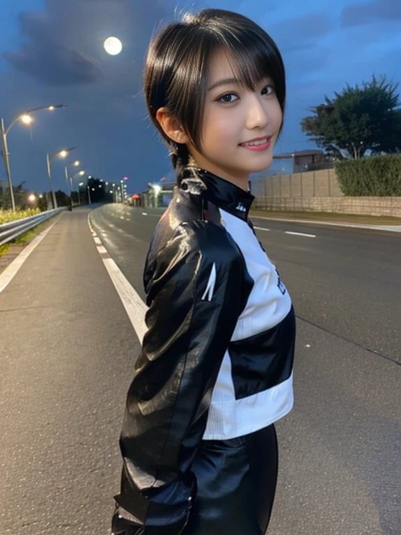 20 year old Japanese beauty,One woman、Muscular body like a bodybuilder、Emphasize the breasts、Slit eyes、Full body image up to the tip of the foot,Bust is very very large、Full moon night in the background、High quality photos、Clear, crisp images of the lower body、Masterpiece 8k、Smiling、From the front, from the side, from the back, etc.々from what camera angle to shoot、Highly lustrous satin outfit、Full-body clothing、Road bike racing suits、ponytail