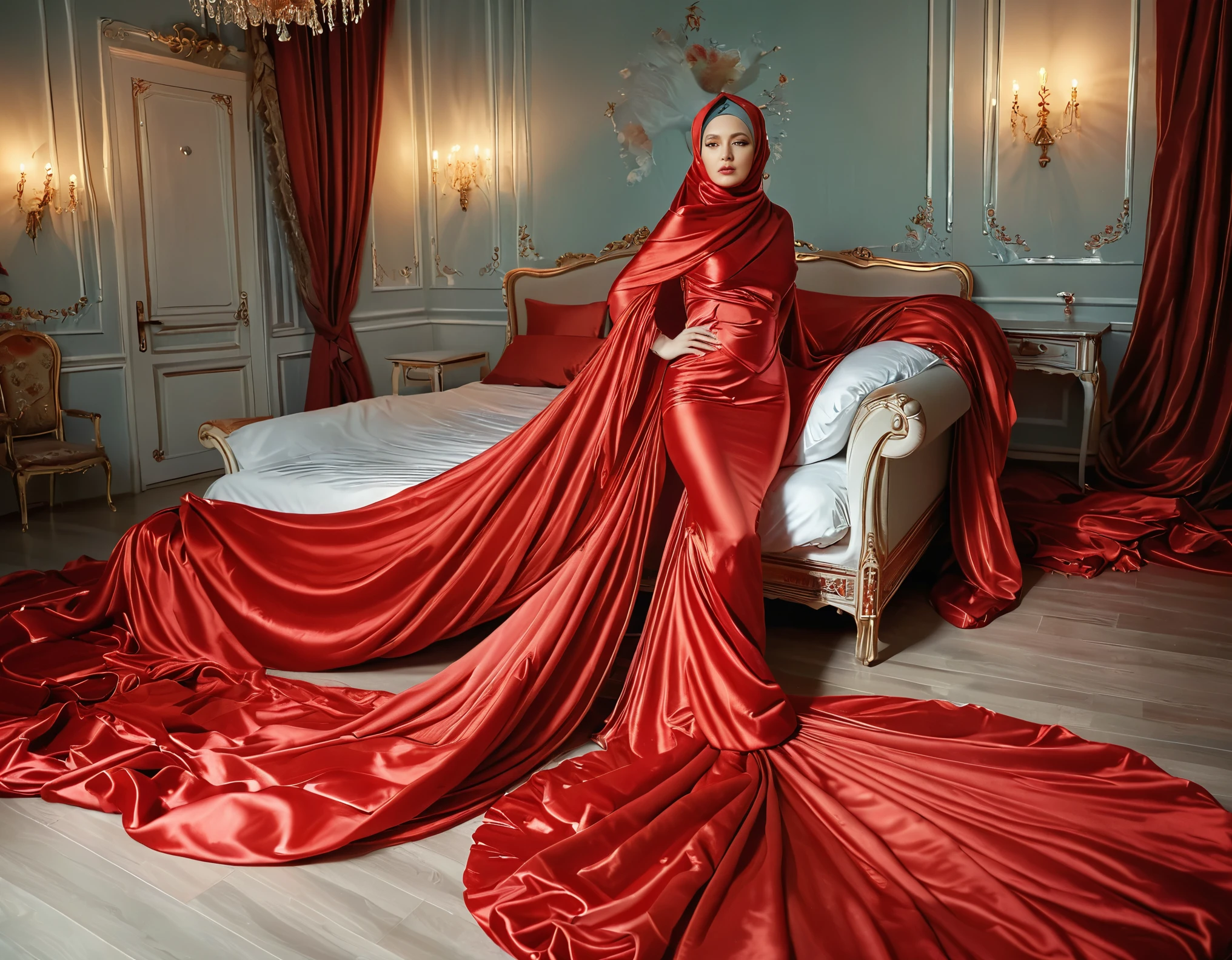 A rusian woman shrouded in a 7-meter-long, plush red satin cloth, tightly bound and grandly draping along the form of her body, flowing off into a pooled floor-length train, styled in a mermaid-inspired outfit, her head modestly veiled in a satin hijab, tall woman, in luxury bed room,satin sheet, a full-body pose conveying a sense of mysterious elegance, captured in a 4k resolution, ultra-realistic