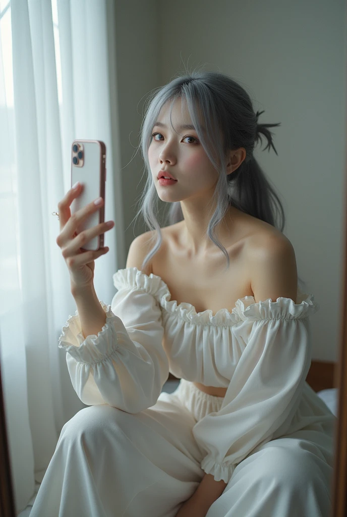 highly detailed, beautiful, hyper Realistic girl, masterpiece, best quality, Depict a mysterious and sophisticated Japanese gravure woman, 28-years-old, identity hidden, all body shot, /// gray arranged hair, light color eyes, Realistic skin, Detailed face, /// wearing a Pierrot costume, white theme, /// Monotone simple modern taste single room, mirror, complicated background /// takes a selfie in her room using a smartphone in front of a mirror with one hand, sitting and fashion model Posing, looking away from the camera,
