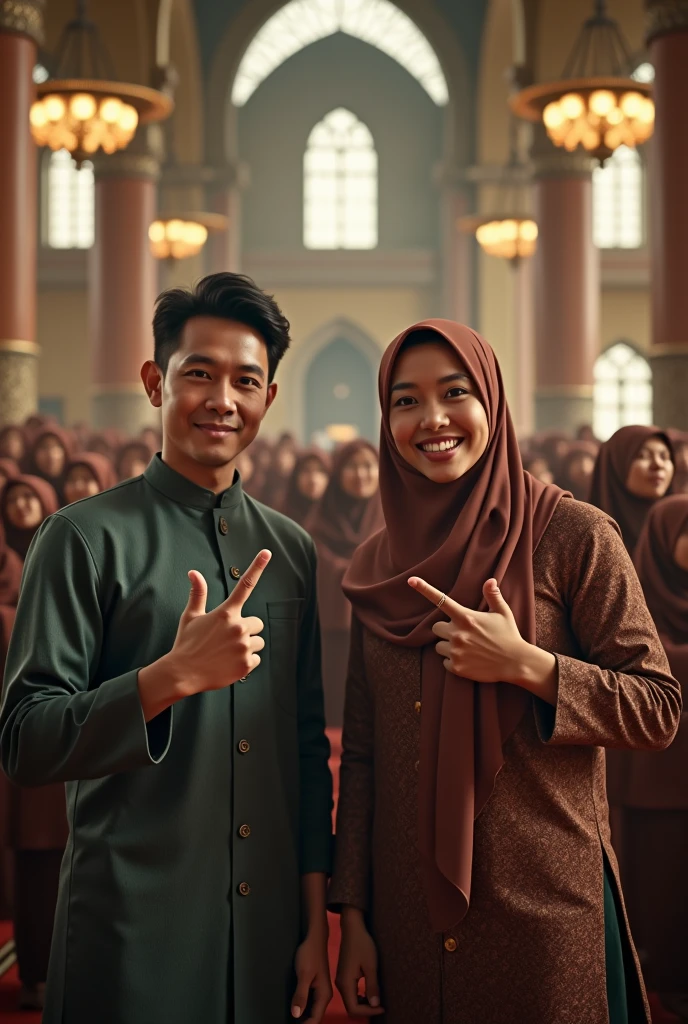 Showing two fingers in a mosque full of makmum (muslim) make them wear jubah or baju melayu like a scene in a normal mosque