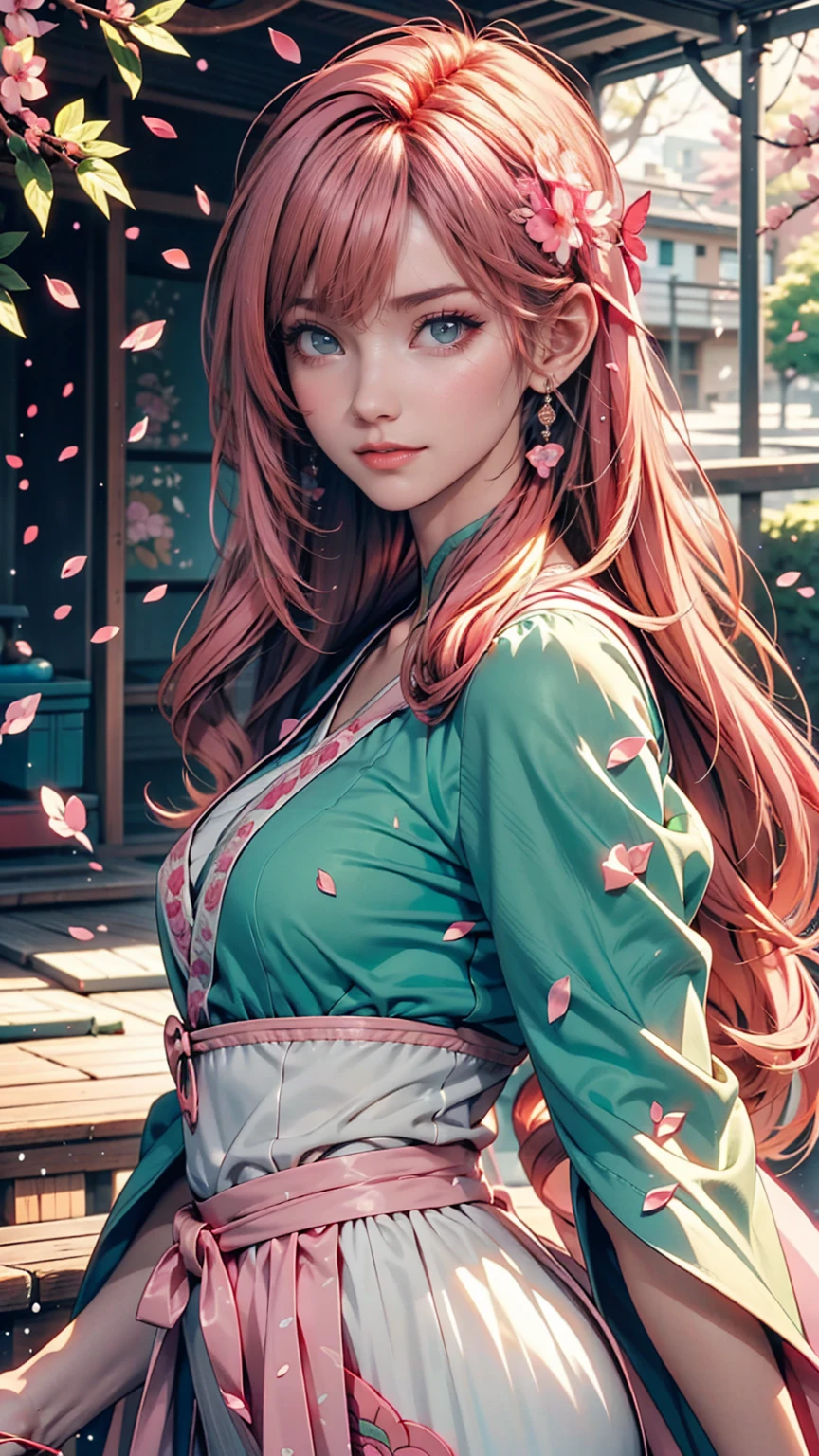 Anime girl with pink hair and green eyes posing for a photo, Haruno sakura, Best anime 4k konachan wallpaper, Fascinating anime, I also make fan art, sakura petals around her, Splash Art Anime , Anime Style 4k, Anime Moe Art Style, High quality anime art style, Detailed anime artwork, Anime Wallpaper, Anime Best Girl