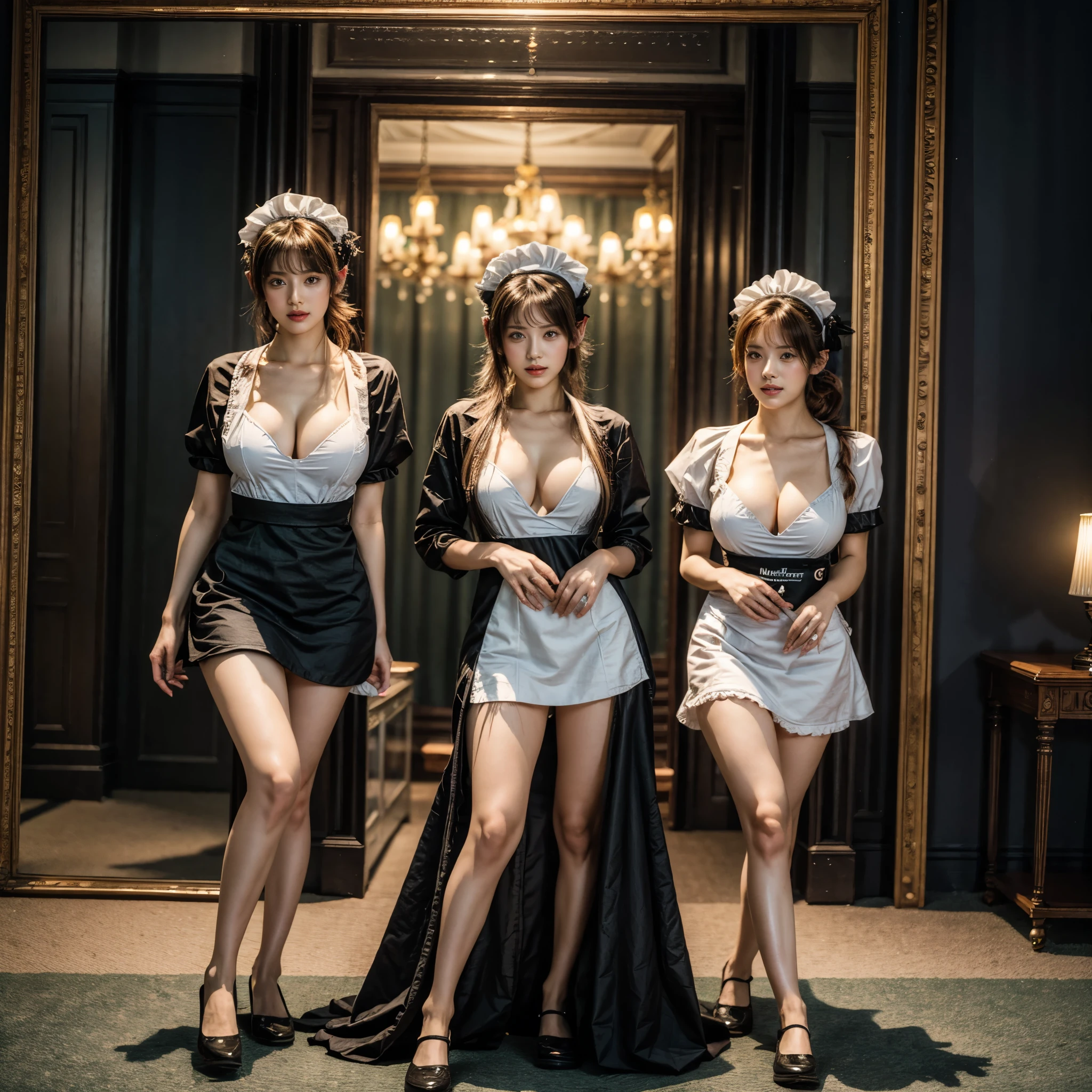 (Full Body of Extremely Detailed((Sexy Maid Group in a row:1.37))), KAWAII perfect face, Reflective Eyes, Detailed(Delicate Clothing textures), Correct Leg Line, Dynamic Joyful Expressions LifeLike Rendering, Specular Reflection, TopQuality 8K Ultra-detailed masterpiece (ProfessionalPhoto:1.37), (Acutance:0.8), (Luminism:1.28), (Renaissance art style), Colorful Light particles, ((Full body from side)), {Kissing|Thigh Gap|AssFocus|(NakedApron with Overflowing SideBoob)}, Radiant Fine Skin with Transparency, (Exposed:0.4), (Different types of Anime hair color), Perfect Lighting