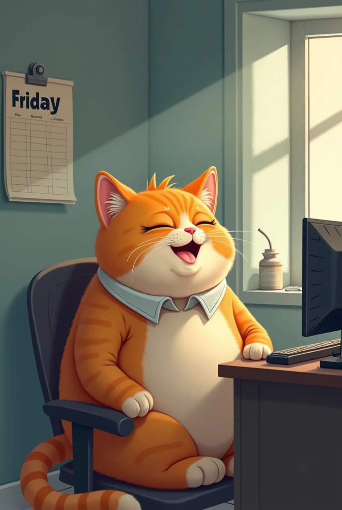 It's time to get off work。The fat cat dragged his tired body out of the office,Then,He looked up at the calendar,Suddenly realized - today is Friday!This discovery instantly made it a hundredfold,While breathing a sigh of relief,The face also showed full of joy