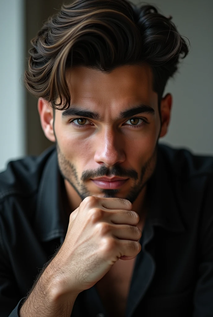 A handsome guy holds his face with his fist,Look into the camera