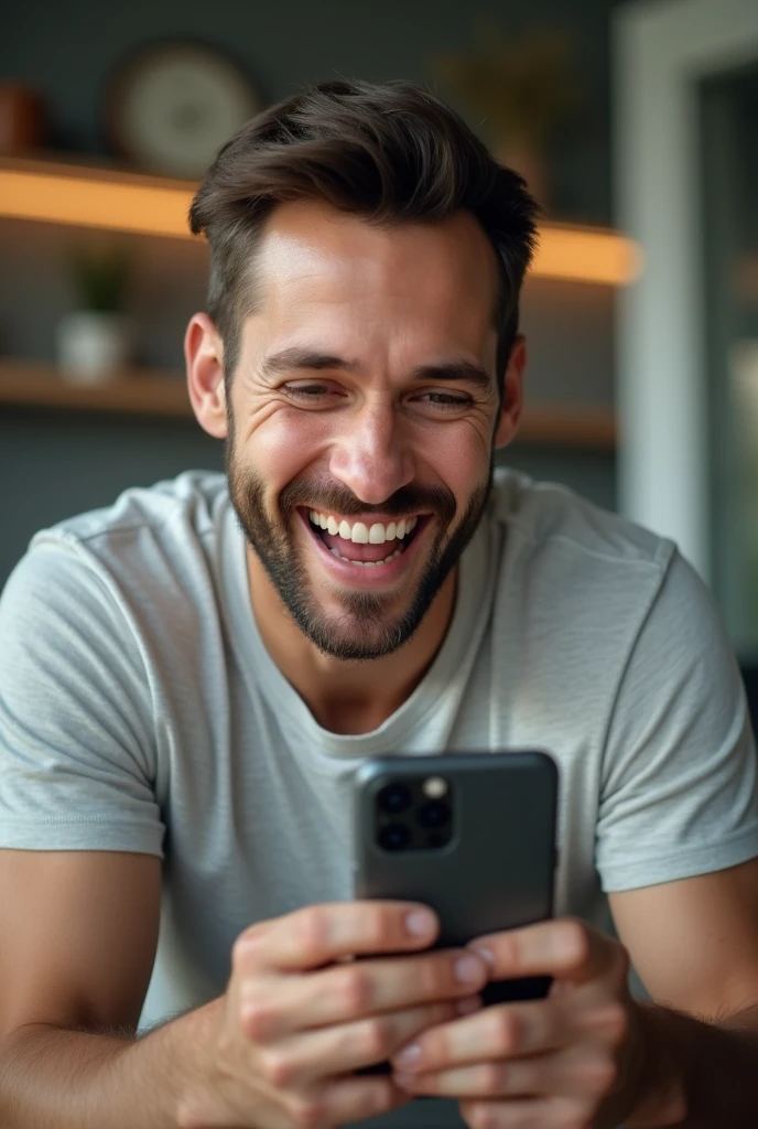 Une homme blanc de 30 ans, sans barbe ni moustache, sur son téléphone qui est grand sourire car il a reçu enfin un message sur son telephone qu'il attendait. On voit son immense sourire sur son visage
