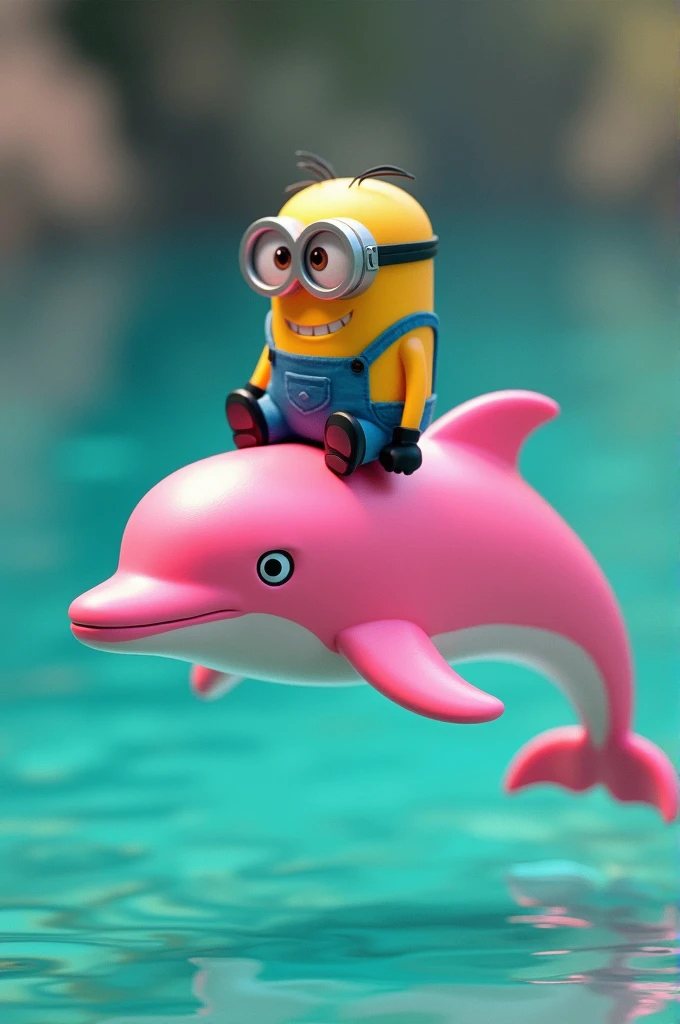 Create an image of a minion on top of a pink dolphin