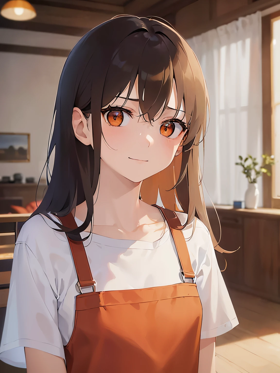 thin arms、emaciated, (scrawny:1.3), (small:1.5) and (breasts)、Upper Body, Highest quality、masterpiece、(A 25-year-old woman with medium-length hair and bangs) and (wavy hair) and (brown hair) and (orange eyes) , Wearing a white T-shirt 、Red Apron、Sad smile, The background is the living room、Alone、Are standing、