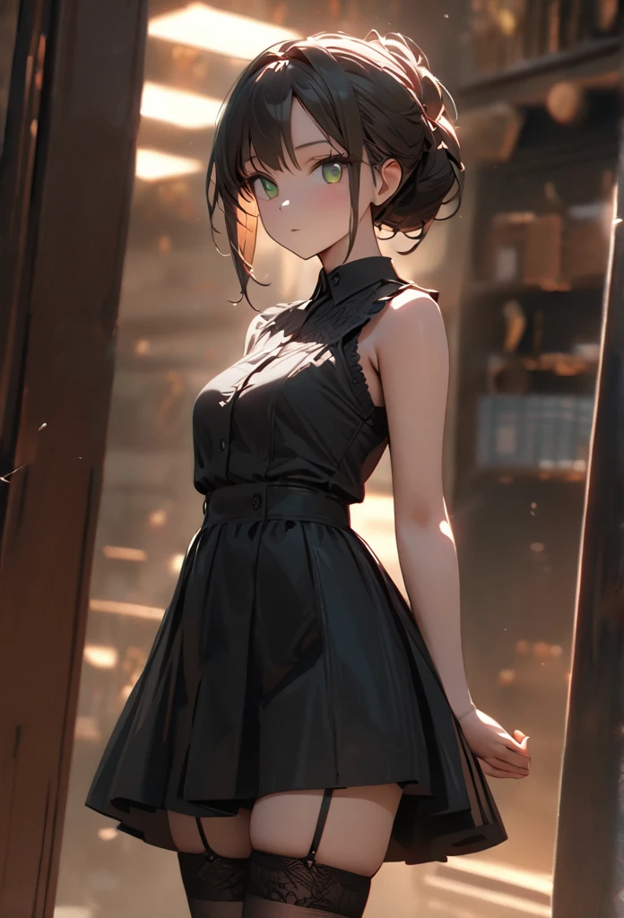 (blond hair, chignon hair, light green eyes, sleeveless shirt white, black skirt, garter stockings) 1 woman, hair up, happy, tired, high detail, green eyes, blonde hair, pretty, tall, emotionless, high detail, masterpiece, super detail, high details, high quality, best quality, pretty, tall, emotionless, ((femenine)), ((male face)), handsome, solo, looking at viewer, light, 1girl, 4k quality,cinematic lighting, ray tracing, depth of field, cinematic lighting, ray tracing, UHD, high details, best quality, highres, high quality, award winning, super detail, masterpiece, 8k, UHD, high details, best quality, highres, high quality, award winning, super detail, masterpiece, 8k, digital art, anime coloring, full body, body shot, good face, perfect face, detailed face, good eyes, detective office background,