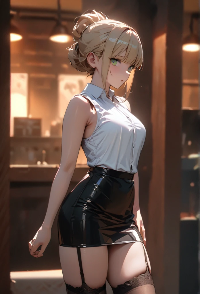 (blond hair, chignon hair, light green eyes, sleeveless shirt white, black skirt, garter stockings) 1 woman, hair up, happy, tired, high detail, green eyes, blonde hair, pretty, tall, emotionless, high detail, masterpiece, super detail, high details, high quality, best quality, pretty, tall, emotionless, ((femenine)), ((male face)), handsome, solo, looking at viewer, light, 1girl, 4k quality,cinematic lighting, ray tracing, depth of field, cinematic lighting, ray tracing, UHD, high details, best quality, highres, high quality, award winning, super detail, masterpiece, 8k, UHD, high details, best quality, highres, high quality, award winning, super detail, masterpiece, 8k, digital art, anime coloring, full body, body shot, good face, perfect face, detailed face, good eyes, detective office background,