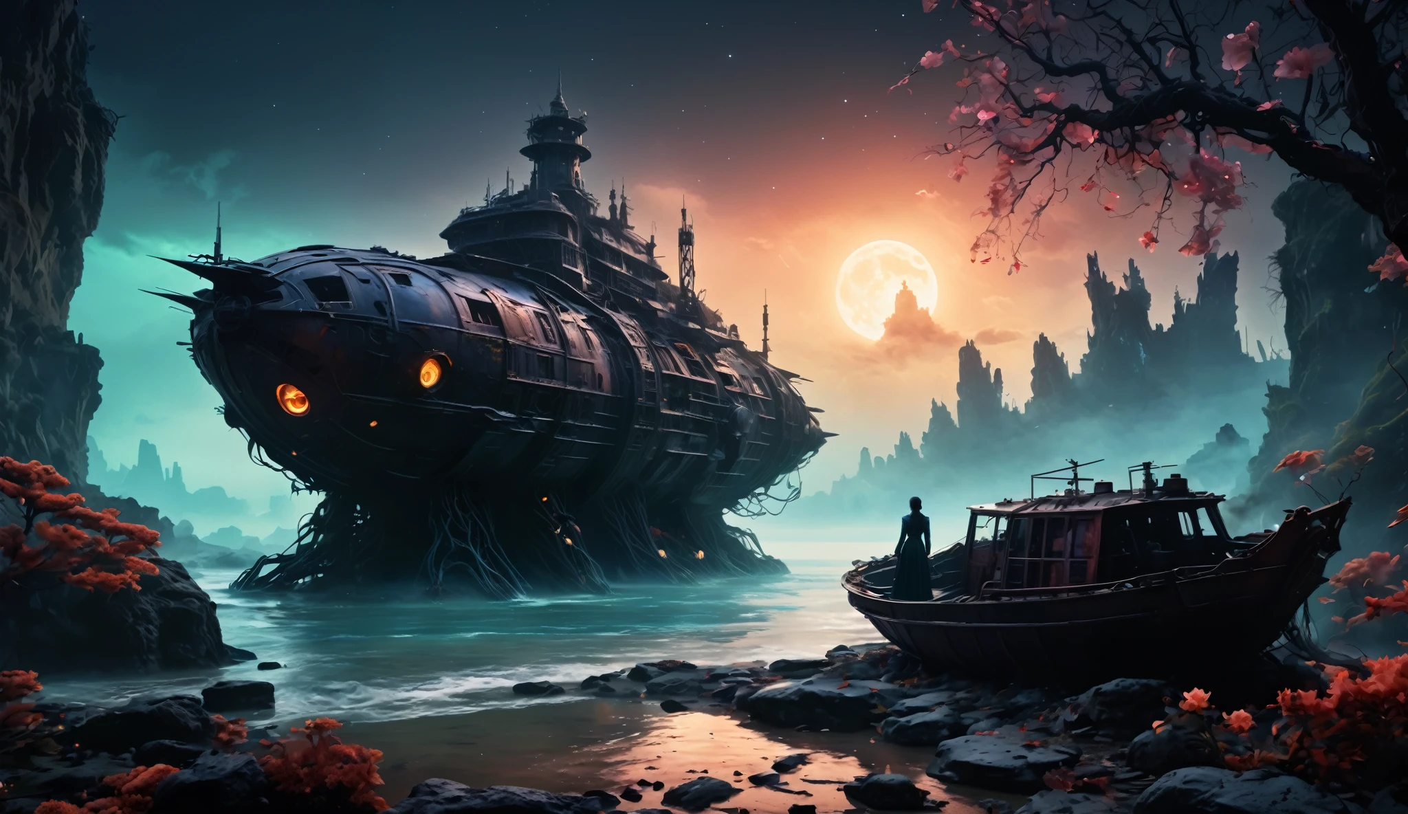 old world world after nuclear war,Intricate and detailed very old clockwork mechanical obsidian alien, (intricate mech details, ground level shot, polished metal, sci-fi, futuristic, Photorealistic, Cinematic, Hyperrealistic, hyperdetailed, splash art, intricately detailed, color depth, colorful background, a masterpiece, 8k resolution, dark fantasy concept art, dynamic lighting,Artstation, deep color, volumetric lighting,full body length,Quartz Lepidolite babygirl in national dress,pretty face,full body shot,ominous landscape,Fluorite chrysocolla atmosphere,by art Simon Stalenhag,Nicola Samori,Wangechi Mutu,prime colors,extremely detailed,masterpiece,intricate details,faded,eyes extremely detailed, high detailed eyes,4k resolution,RAW, Nikon Z9,scary town,full body length,Stone Forest in Yunnan Province of China,ultra-detailed,dark and eerie atmosphere, ethereal presence, hauntingly beautiful, ghostly figures, swirling mists, supernatural entities, demonic essence, shadowy forms, eerie whispers, sinister aura, hauntingly pale skin, dark and twisted branches, flickering candlelight, macabre elements, mysterious and enigmatic, spectral apparitions, gothic art style, hauntingly captivating, spectral realm, hauntingly melancholic, otherworldly beauty, ethereal glow, hauntingly haunting, chilling and atmospheric, eerie and ominous lighting,Impresionismo，starlight color，Fantastic abandoned Ethereal atmosphere，otherworldly charm，Mystic aura，Glowing flowers，floating petal，majestic vines，Glowing Leaves，with a calm expression，Complicated details，Exquisite features，petals in her hair，Light of the sky，harmonious colorystic energy，Surreal atmosphere，Amazing Cleavage，Sublime art，vibrant tones，captivating creationAfter the war，Maritime city，sense of science and technology，The city of the future，Spaceship wreckage，There are giant ships in the sea，Beautiful woman overlooking the ruined city

