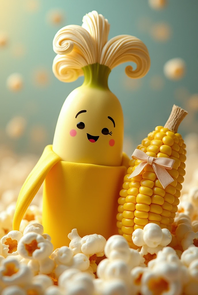 popcorn, corn with bow and banana groom with hair