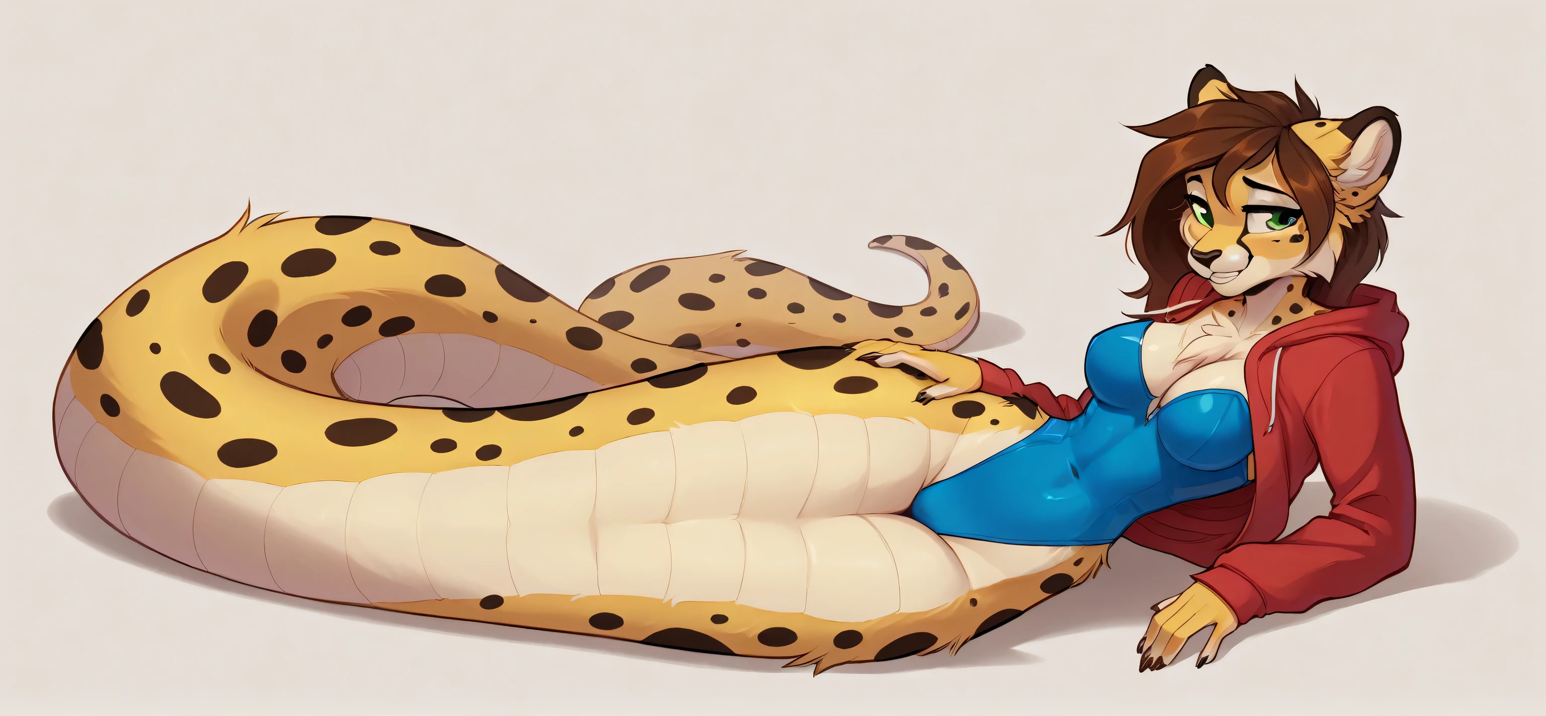 Embarrased expression, covering face, score_9,score_8_up,score_7_up,(fluffy anthro furry :1.3),  Best quality,best resolution,(fluffy anthro fluffy :1.3), (Solo) anthropomorphic furry female cheetah, buxom breasts, long brown hair, green eyes, slithering down a mountain with friends, , perfect hips, aesthetics of the female body, very noticeable relief of the body and hips and legs, top view, shes very tall, blue genitalia, hoodie leotard, lamia , smiling