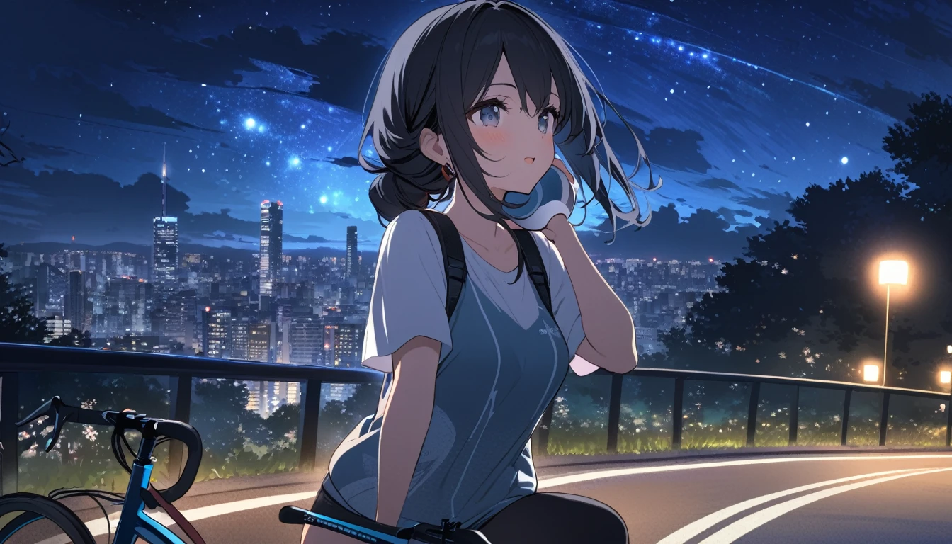 a beautiful young japanese woman with long black hair cycling through a park in tokyo at night, starry night sky, cityscape, listening to music
