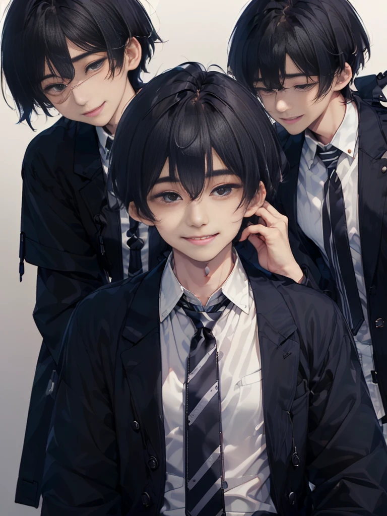 Masterpiece,best quality,独奏, 1 Japanese boy, 20 years old,(tall and thin,sleepy droopy eyes, long face, (thin cheeks:1.2),(black shaggy short hair,:1.5),(Black tailored jacket, white shirt, navy blue striped tie, black slacks:1.5),(A shy smile:1.4),(Plain background:1.5),Upper body close-up