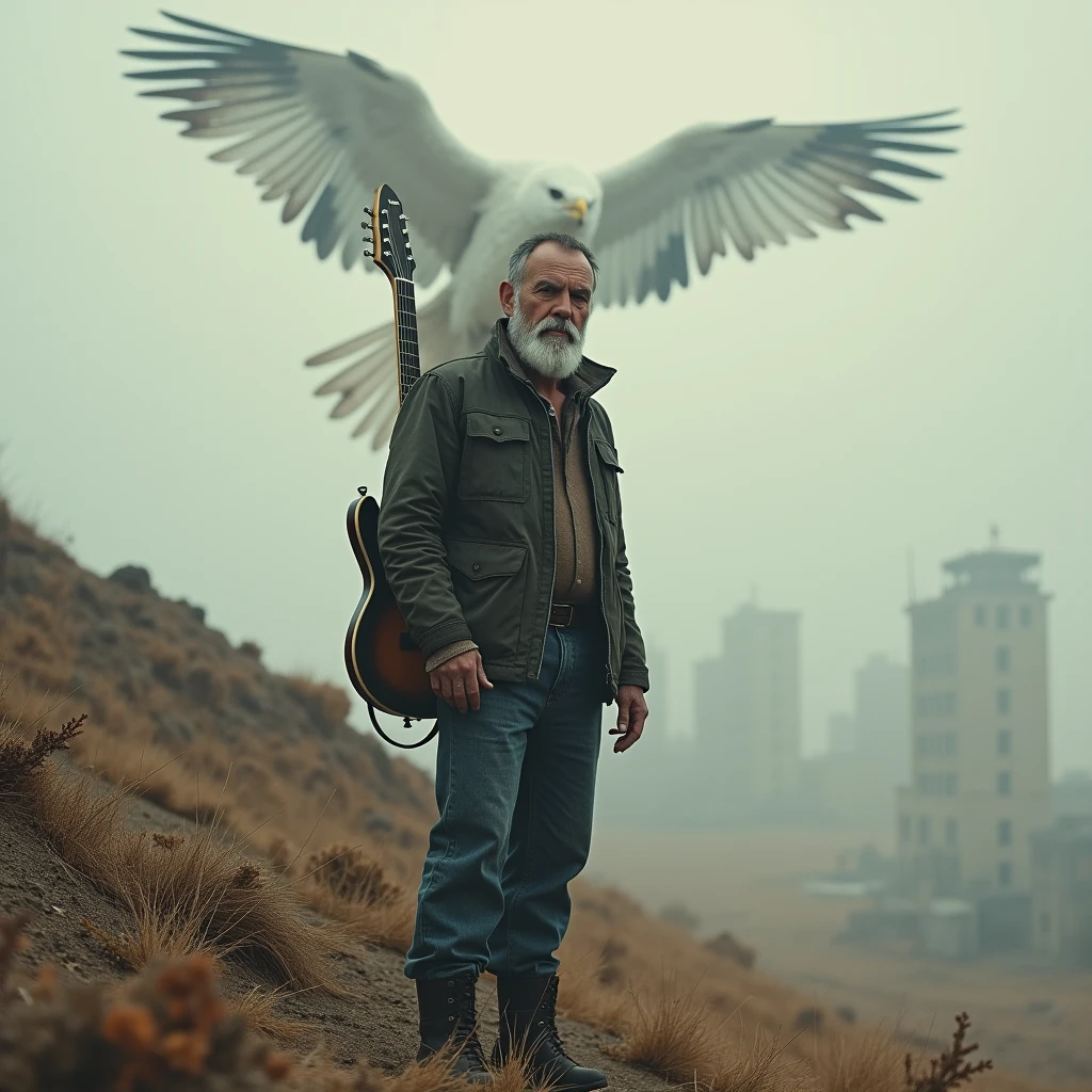 A striking film poster featuring a 45-year-old man in a full-length pose, standing amidst the ascent of a hill slope. He is dressed in autumn attire and holds an electric guitar, wearing a black baseball cap, short dark hair, and a short white beard. The guitar hangs from his back as he looks directly at the camera with an intense gaze. Behind the man, a blurred figure of a massive white bird soars through the fog. The background reveals an anti-utopian and destroyed city in a desert landscape. This high-resolution, realistic image features intricate details and is designed in a 32K style. The bold, brutal font "BudaeFF" is displayed prominently at the top of the poster., poster