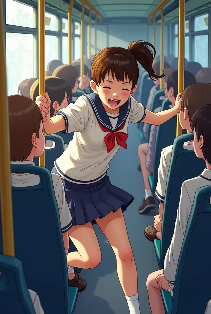 High school girl in uniform with hair in ponytail falls on top of a lady in the bus and her toothpick house breaks