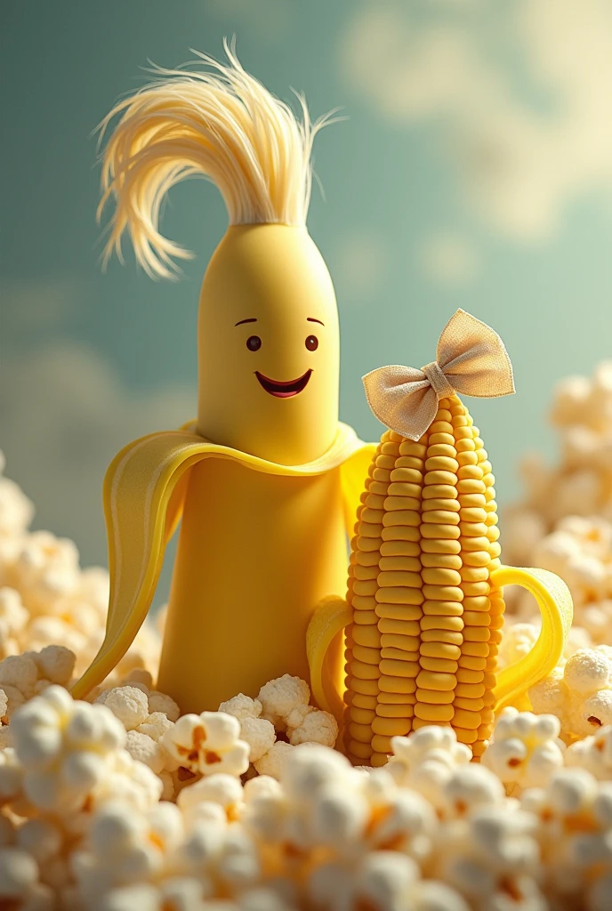 popcorn, corn with bow and banana groom with hair  