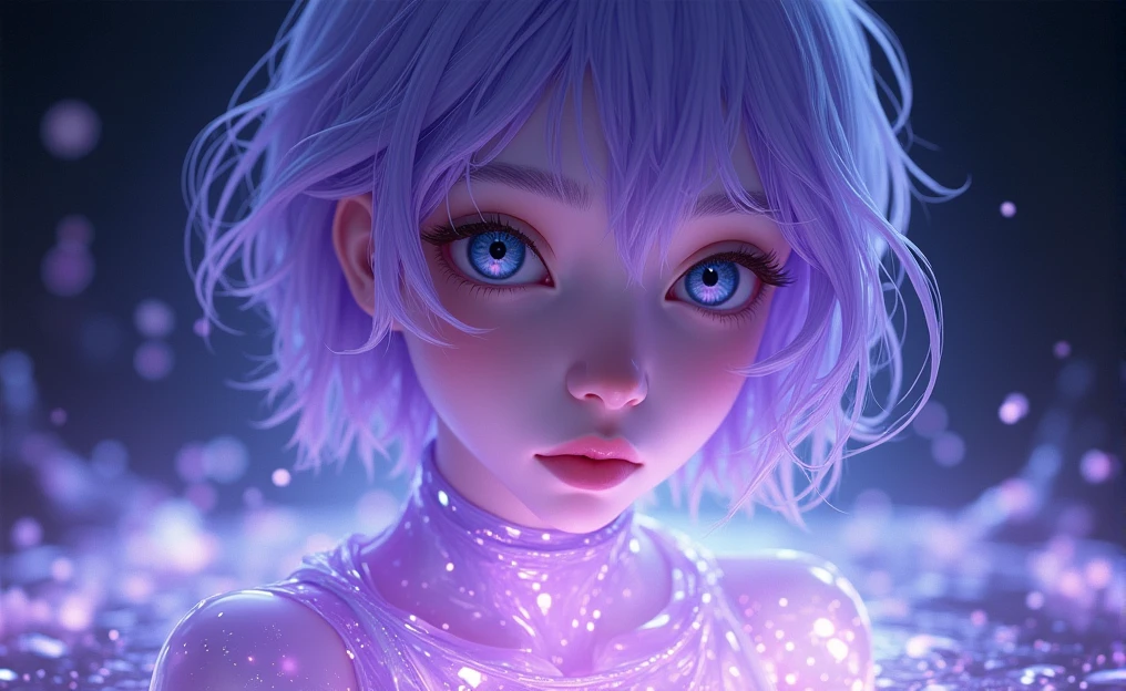 The image shows a younger man with delicate, androgynous features. The person has pale and smooth skin watching at us, with a serene and dreamy expression. His eyes are an intense and bright blue, with a look that seems lost in deep thoughts. The boy hair is short, flowing, and a bright purple that appears to be made of liquid light. It is soaked and falls in clumps that blend into the background, giving a sense of movement and fluidity. There is an ethereal lighting effect surrounding the boy. Flashes of purple and white light spread across the image, as if the person is surrounded by water or some kind of magical energy. Light reflections on the skin and hair reinforce this feeling that the boy is made of a liquid or crystalline material. The background is dark, which makes the light effects stand out even more. There is a play of light and shadow that adds depth and mystery to the scene. The style is very detailed and realistic, with a fantastic touch. The use of cool colors and lighting effects creates a dreamy and otherworldly atmosphere.