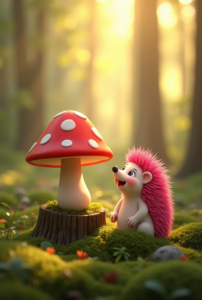 Generate a Full HD hyper-realistic image of A small, cartoonish hedgehog with bright pink spines is sitting on a wooden stump, looking excited as it gazes at a large, red mushroom topped with white spots. The background features a blurred forest scene with warm sunlight filtering through the trees, and lush green moss surrounds the mushroom and hedgehog, enhancing the whimsical atmosphere.
