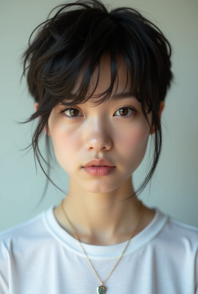 Adult Girl with Brown eyes,
Wolfcut hair black ,white t-shirt 