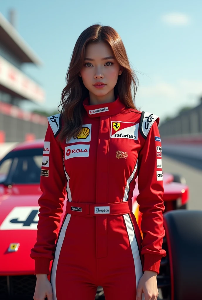 whole body、4K,8k,masterpiece，Authenticistic）A Japanese female racer wearing a red racing suit is standing in front of a red racing car　Brown Hair　Ai Shinozaki　Monza Circuit　、　Portraiture　