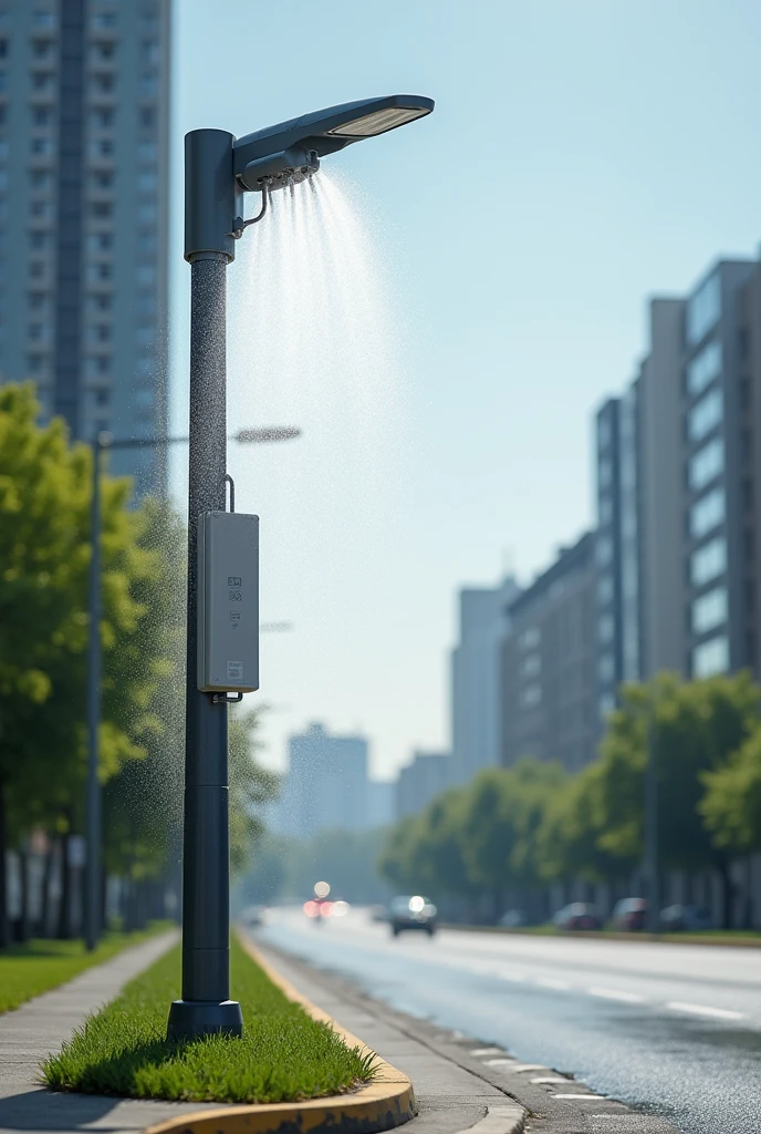 Roadside water sprinkler fitted in streetlight system which curtail pollution
