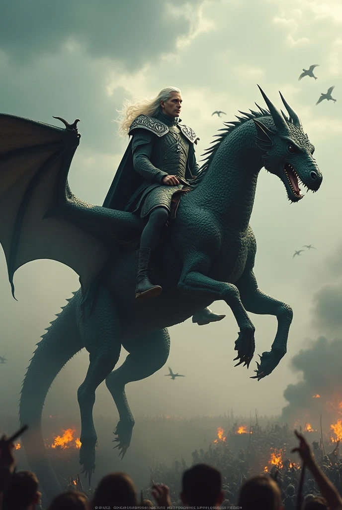 Create a detailed image of white-haired Aegon Targaryen on the battlefield on his dragon in the sky