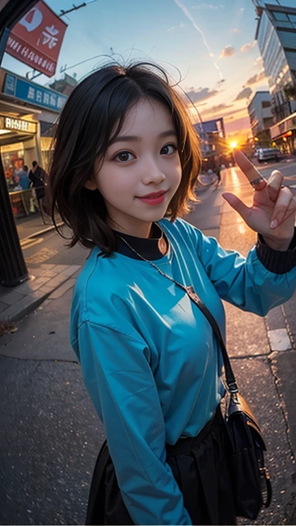One person, Korean, Fisheye Lens, Selfie, Wind, Messy Hair, sunset, Cityscape, (Aesthetics and atmosphere:1.2),smile