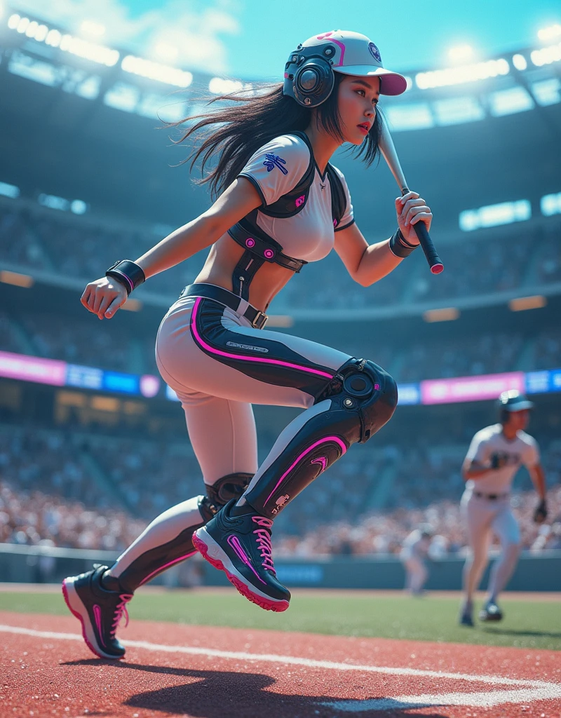 photo-realistic, ultra-realistic, very beautiful Japanese, famous Japanese idol, 20 years old, dramatic scene, masterpiece, beautiful eyes, (wearing cyber punk mecha-suits with neon marker:1.5), (she is playing extremely acrobatic baseball at large stadium:1.5), (fully equipped with futuristic baseball equipment:1.3), amazing view of a lot of spectators, acrobatic pose, dynamic angle, spectacular, Nimble movements, Sharp turns, (very large breasts),
