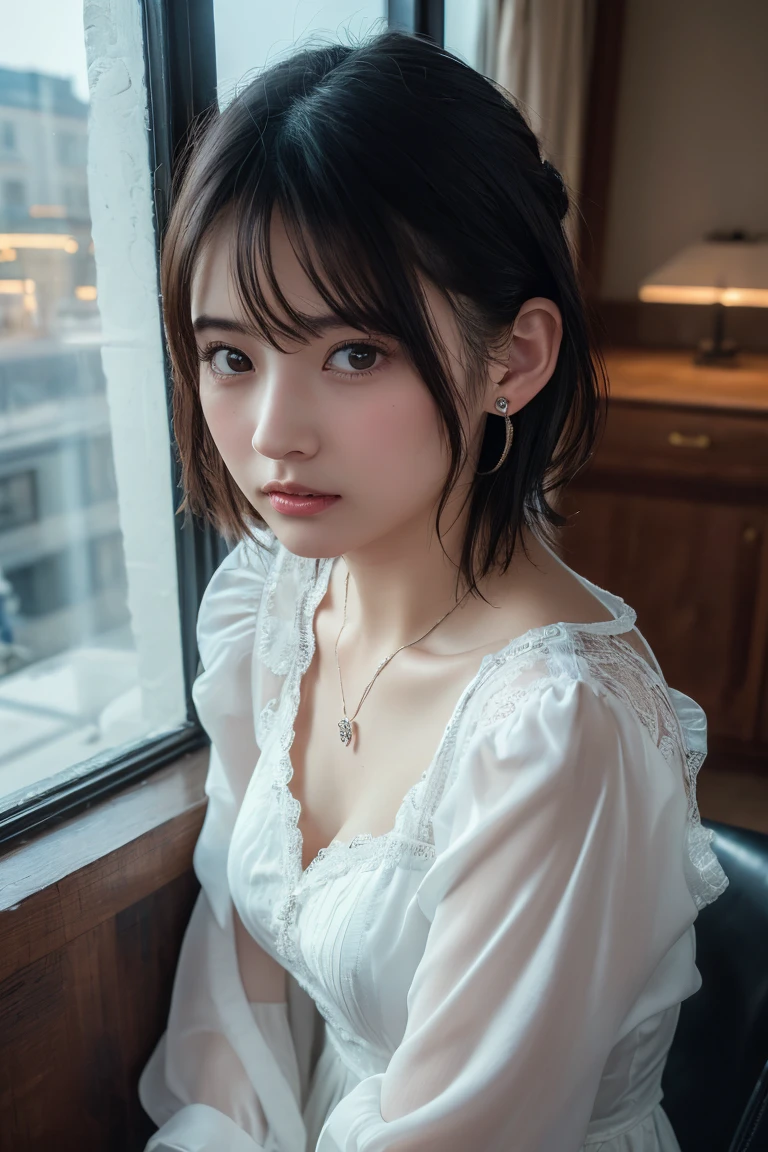 (Highest quality:1.4),(masterpiece:1.4),(Realistic:1.4),(Realistic:1.2),(超High resolution, RAW Photos:1.4),(High resolution, Ultra-detailed:1.2),(8k:1.2),View your viewers,Cinematic photography,One person,skeletally correct,Black-haired woman,Woman in her early 20s,(Small earrings,necklace,Lace dress),(Western-style building interior,Dimly lit room,The lamplight shines on my cheeks,kneel)