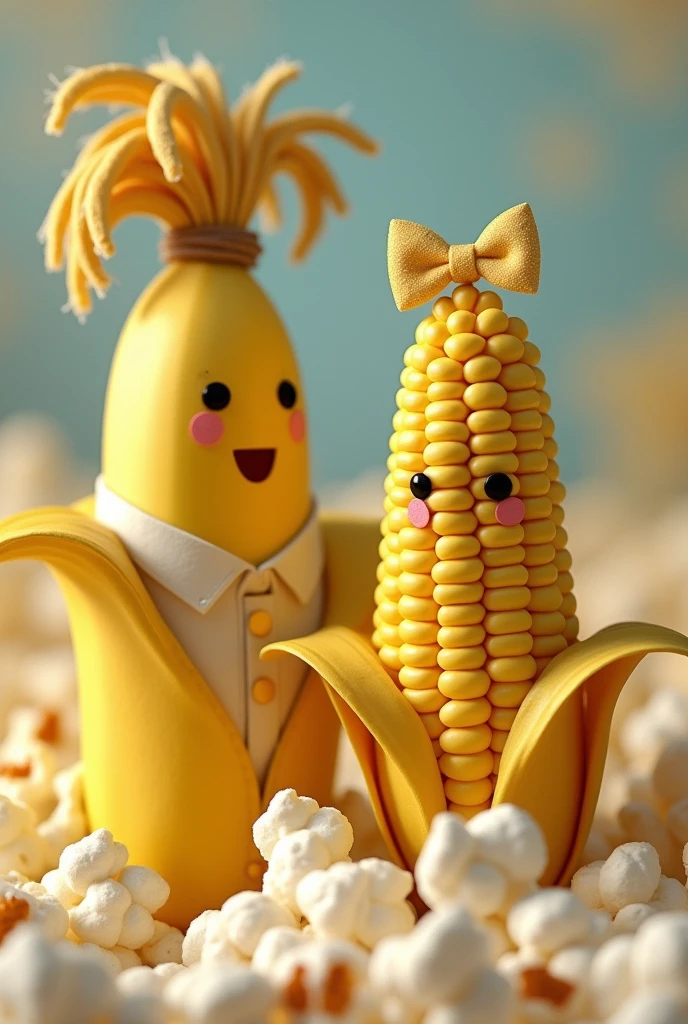 popcorn, corn with bow and banana groom with hair