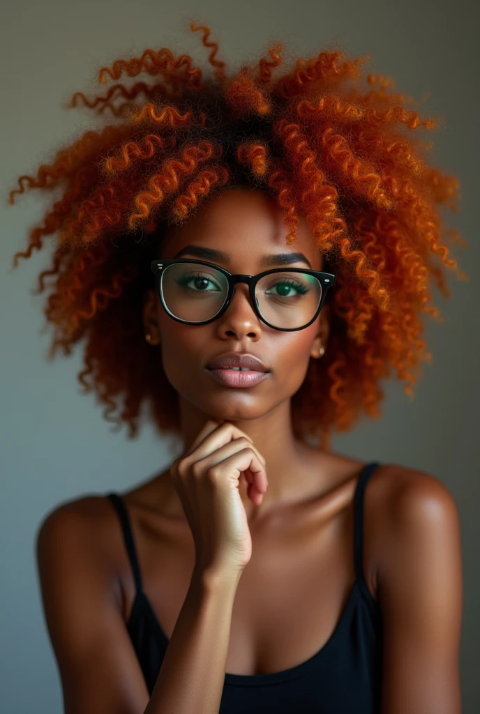 Dark-skinned woman with reddish curly hair wearing glasses 