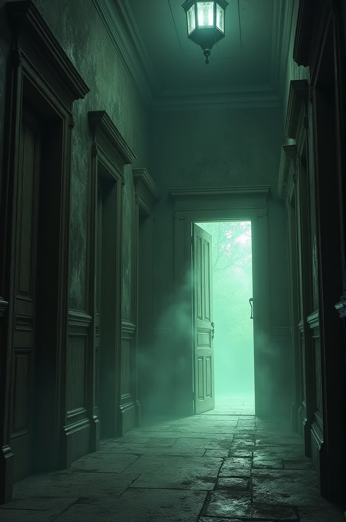 All the doors in the dark, ancient mansion suddenly swinging open on their own, with an eerie light emanating from some of them, filling the hallways with a strange glow.