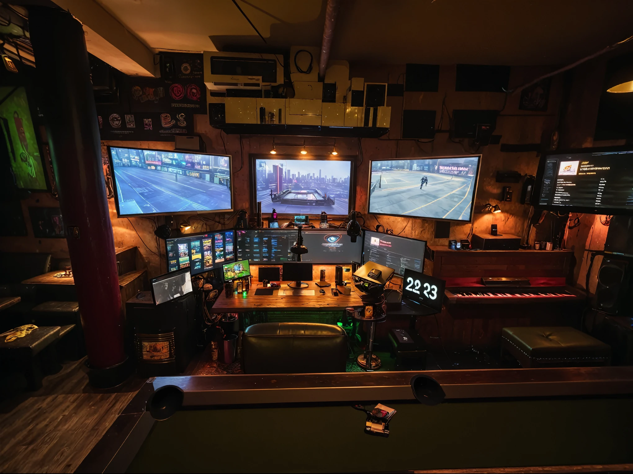 there are three monitors on the wall in the room, gaming room, cyberpunk setting, 8 k wide shot, many screens, cables and monitors, dive bar with a karaoke machine, dimly lit dive bar, with screens and silks, taken on iphone 1 3 pro, an empty backroom at night, 8 k. filling of the view, indoor shot