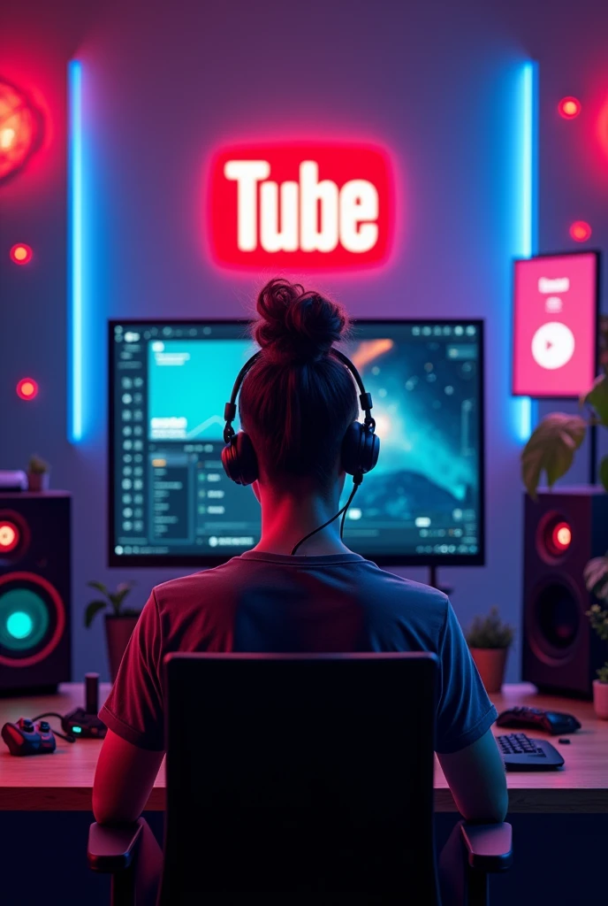 Human is work for leptop in work tabal and beground ' SUB COUNT ' LOGO design and decorate RGB lights and background YouTube equipment gaming setup 4k image size 9:16