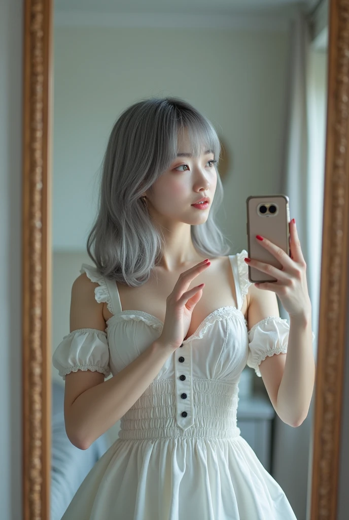 highly detailed, beautiful, hyper Realistic girl, masterpiece, best quality, Depict a mysterious and sophisticated Japanese gravure woman, 28-years-old, identity hidden, all body shot, /// gray arranged hair, small head, Detailed face, cute and Pretty slim face, Duck mouth, perfect beautiful Tooth, arranged gray hair, shiny eyes, Light-colored eyes, Realistic skin, Detailed face, /// wearing a Pierrot costume, white theme, /// Monotone simple modern taste single room, mirror, complicated background /// takes a selfie in her room using a smartphone in front of a mirror with one hand, standing and fashion model Posing, looking away from the camera,