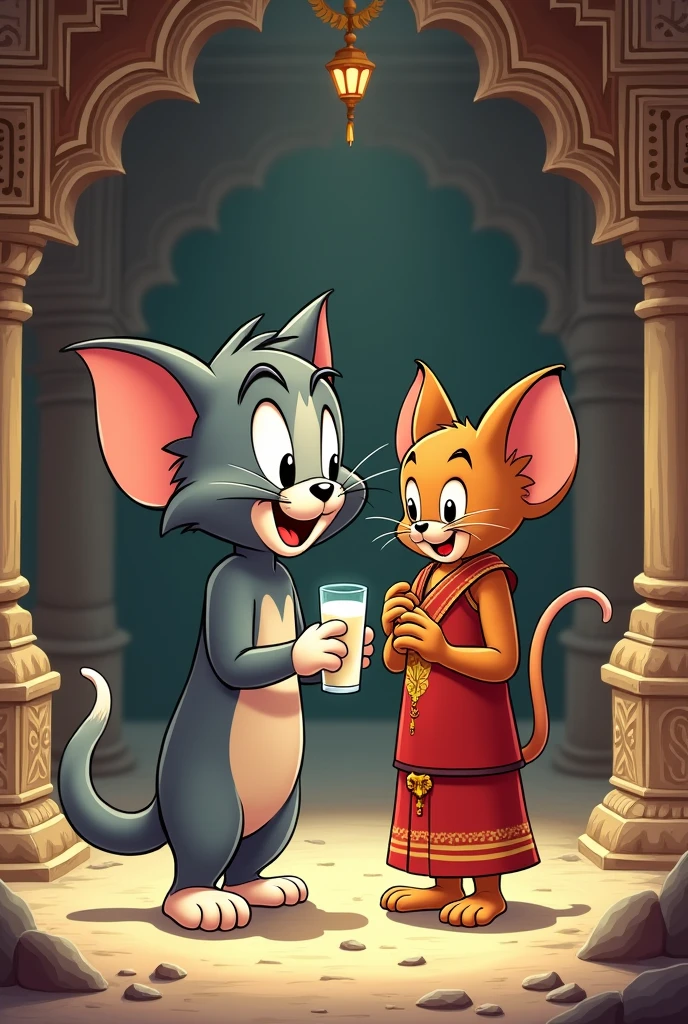 tom and jerry wearing daurasural holding a glass of milk in old nepali heritage site
