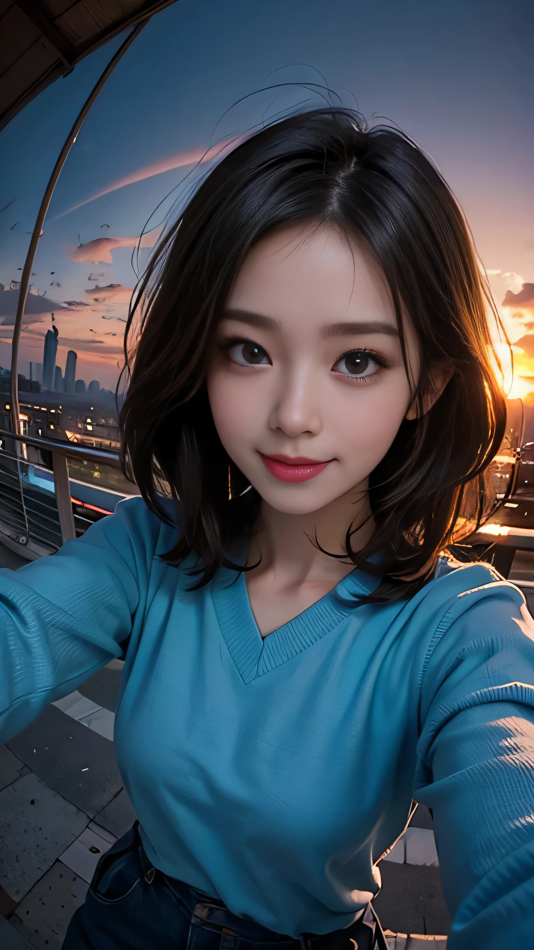 One person, Korean, Fisheye Lens, Selfie, Wind, Messy Hair, sunset, Cityscape, (Aesthetics and atmosphere:1.2),smile