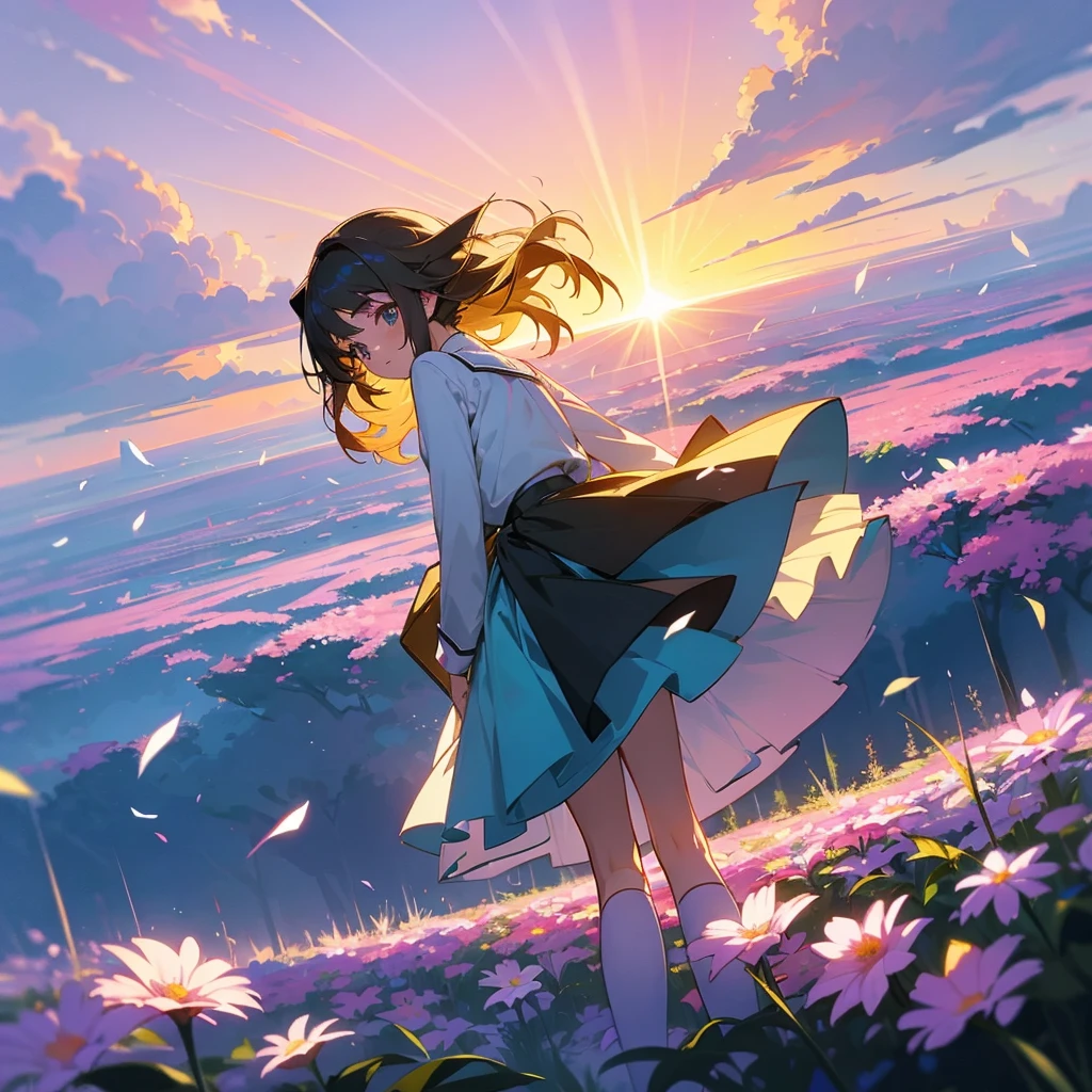 A cute anime girl turning around and enjoying on an area full of beautiful flowers, her skirt flies outwards with her motion, camera angle from top, lush illuminated environment, sun rays, beautiful sky.